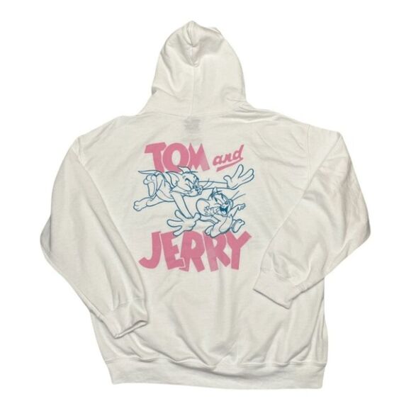 Tom & Jerry Hoodie Adult L White And Pink 90’s Cartoon Lounge Fall Back Graphic - Picture 3 of 9